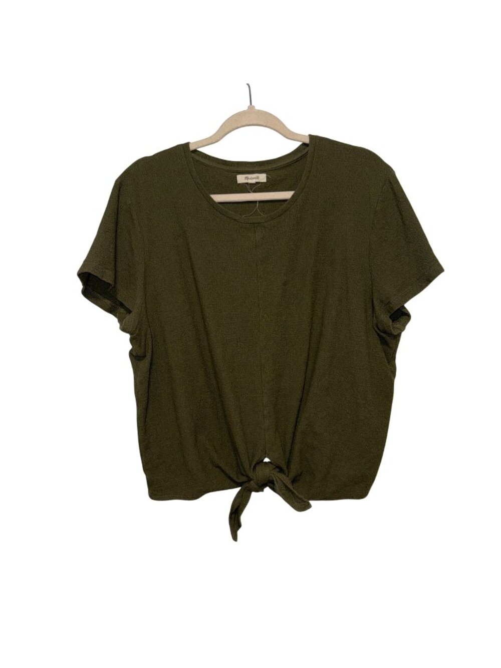 Madewell Olive Green Tie-Front Short Sleeve Tee XXL Lightweight Textured Knit